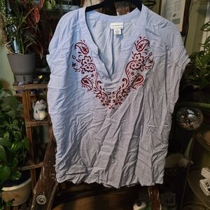 Liz Claiborne Blue and Red Embroidered Blouse